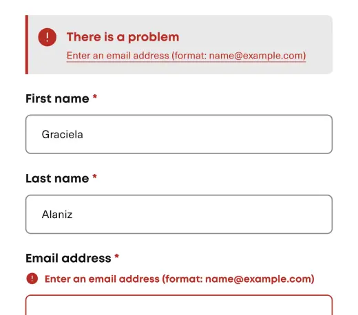 Contact form on mobile with error summary and error message on email address field.