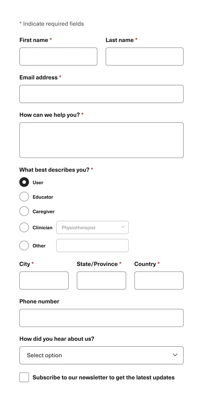 Second version of contact form wireframe with first name, last name, email address and message fields followed by radio buttons for user role (User, Educator, Caregiver, Clinician - dropdown of various health professionals, Other - text field), city, state, country and phone number fields, hidden checkbox to receive phone call, dropdown for how user heard about Puffin Innovations and checkbox to subscribe to newsletter.