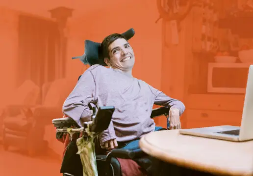 Cutout graphic highlighting young man with cerebral palsy smiling against orange background