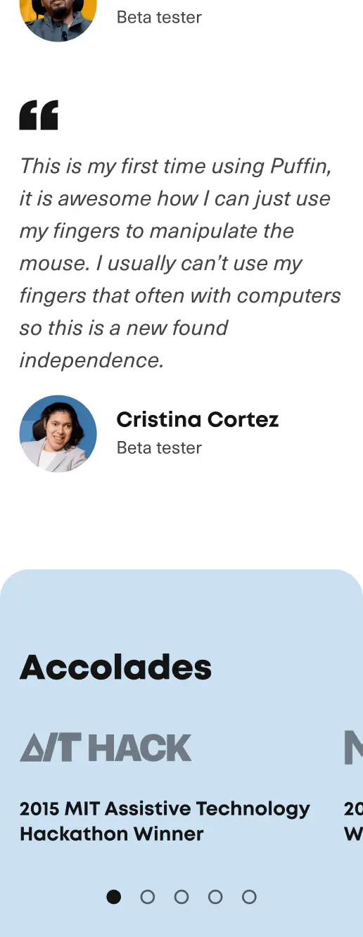 Halfway down mobile homepage. Testimonial from Cristina Cortez as a beta tester is shown along with light blue section titled 'Accolades' with slider of award logos and names - the first one is 2015 MIT Assistive Technology Hackathon Winner.