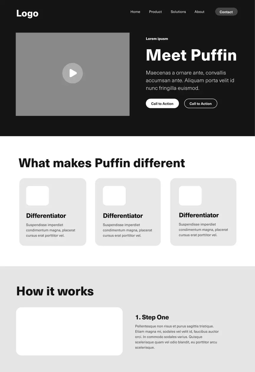 Top half of desktop homepage wireframe. First section shows video placeholder next to 'Meet Puffin' title, text and two buttons. Second section titled 'What makes puffin different' above three cards (small image box and text). Third section titled 'How it works' shows step one as row of image and text.