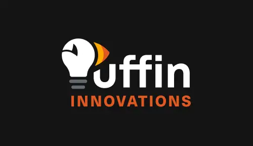 New logo against black background. 'P' represented by lightbulb resembling Puffin face with eye and beak and 'uffin' text to right in white bold geometric sans font. 'Innovations' in orange bold uppercase text below.