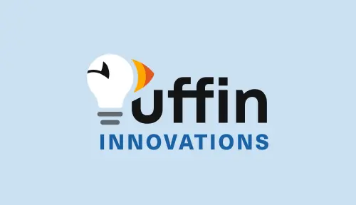 New logo against light blue background. 'P' represented by lightbulb resembling Puffin face with eye and beak and 'uffin' text to right in black bold geometric sans font. 'Innovations' in blue bold uppercase text below.