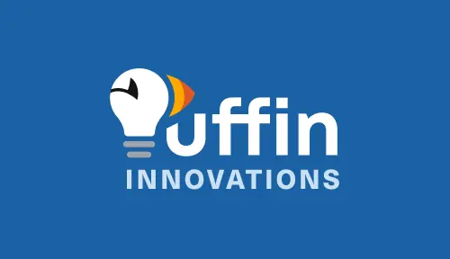 New logo against blue background. 'P' represented by lightbulb resembling Puffin face with eye and beak and 'uffin' text to right in white bold geometric sans font. 'Innovations' in light blue bold uppercase text below.