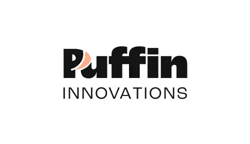 First logo exploration. 'Puffin' in black extra bold grotesk font. Top part of 'P' is split to mimic Puffin eye and orange beak. 'Innovations' in small thin black uppercase text below.
