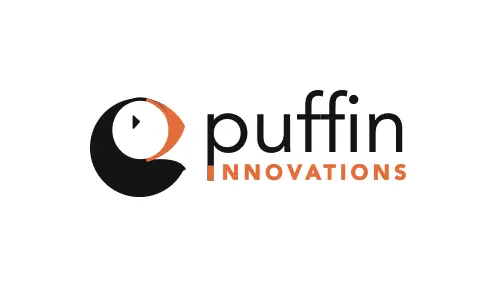 Second logo exploration. Flat Puffin logomark - circle face with orange beak to right and black neck to left. Right of the logomark is 'Puffin' in thin black lowercase geometric font and 'Innovations' in small orange uppercase text below.