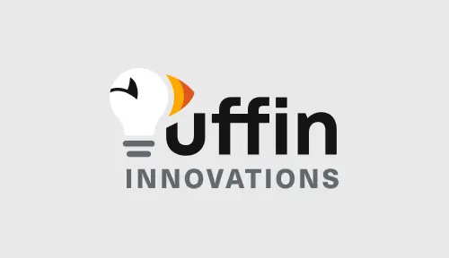 New logo against light grey background. 'P' represented by light grey lightbulb resembling Puffin face with eye and beak and 'uffin' text to right in black bold geometric sans font. 'Innovations' in grey bold uppercase text below.