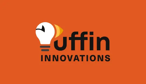 New logo against orange background. 'P' represented by lightbulb resembling Puffin face with eye and beak and 'uffin' text to right in black bold geometric sans font. 'Innovations' in black bold uppercase text below.
