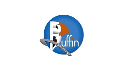 Original logo. Large skeuomorphic Puffin representing 'P' next to smaller 'uffin' text in white against blue circle background. Overlaid on the bottom left is a small angled grey banner containing 'Innovations' in white text.