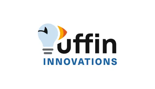 New logo against white background. 'P' represented by light blue lightbulb resembling Puffin face with eye and beak and 'uffin' text to right in black bold geometric sans font. 'Innovations' in blue bold uppercase text below.