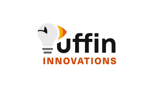 New logo against white background. 'P' represented by lightbulb resembling Puffin face with eye and beak and 'uffin' text to right in black bold geometric sans font. 'Innovations' in orange bold uppercase text below.