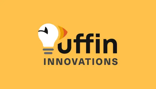 New logo against yellow background. 'P' represented by lightbulb resembling Puffin face with eye and beak and 'uffin' text to right in black bold geometric sans font. 'Innovations' in charcoal bold uppercase text below.
