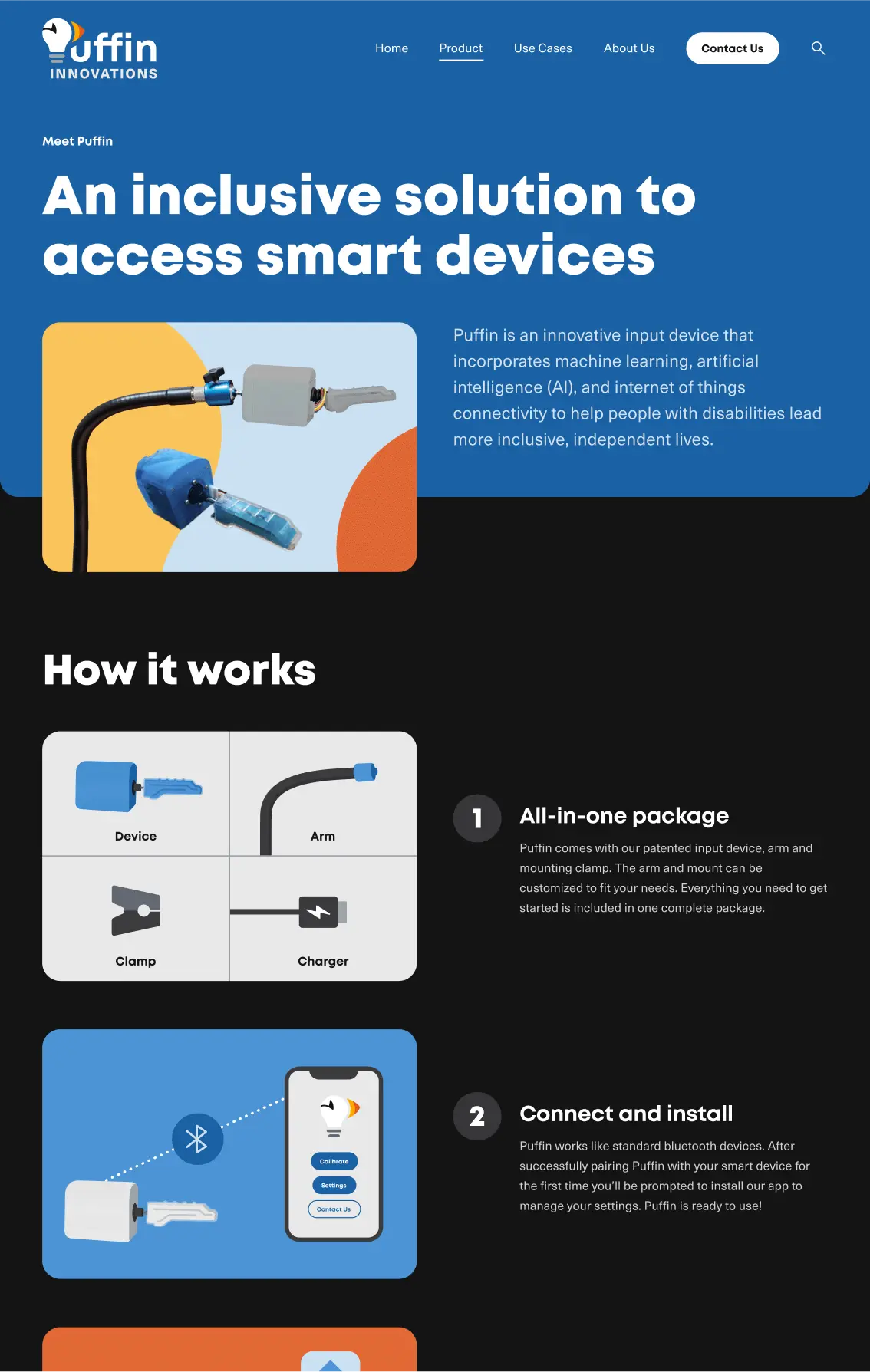 Top of desktop product page. First section is blue and titled 'An inclusive solution to access smart devices' in large white black text with cutout graphic of Puffin input device and smaller text below. Second section is black and titled 'How it works' with rows of illustrated product images and text representing first two steps - 'All-in-one package' and 'Connect and install.'