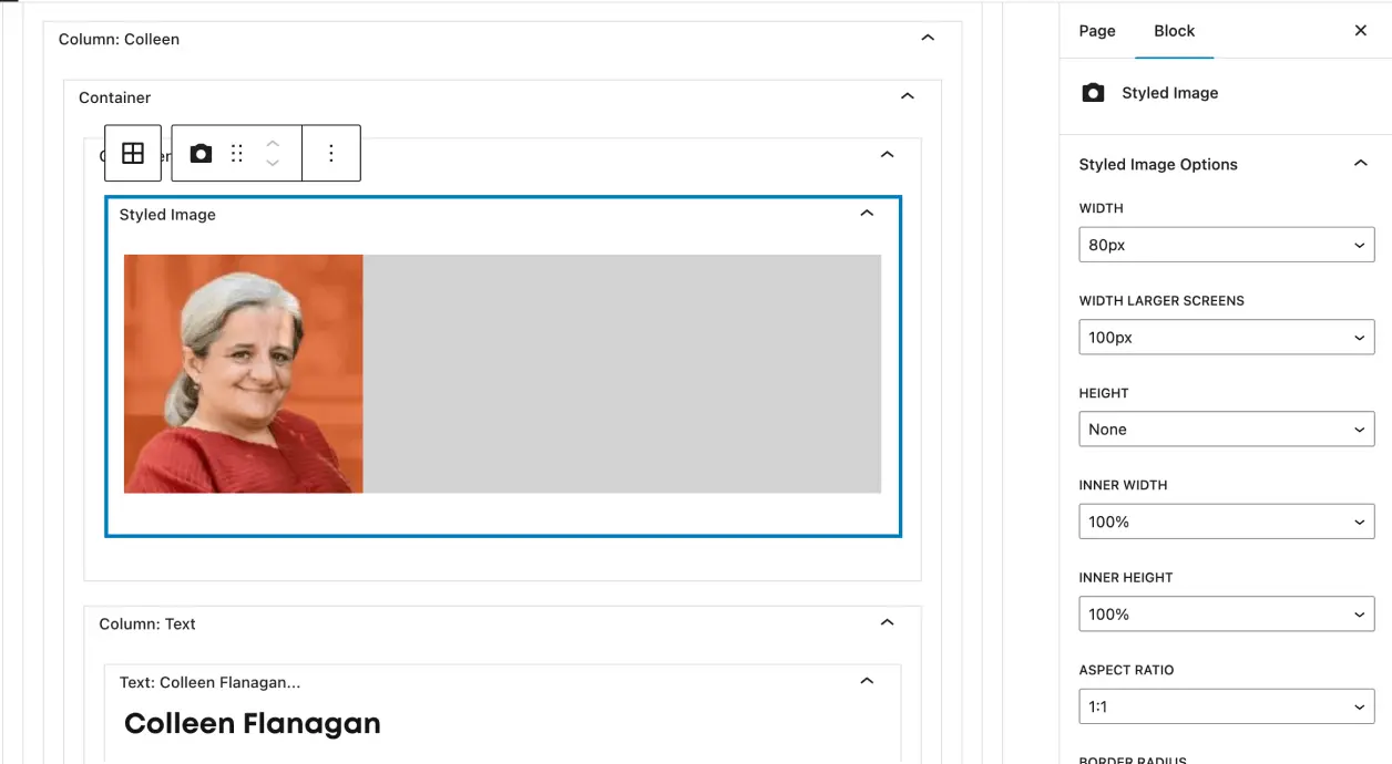 WordPress backend for list of board members - Gutenberg block editor shows custom Styled Image block selected (nested within other custom blocks) with image of board member and options panel to the right (width, height, aspect ratio).