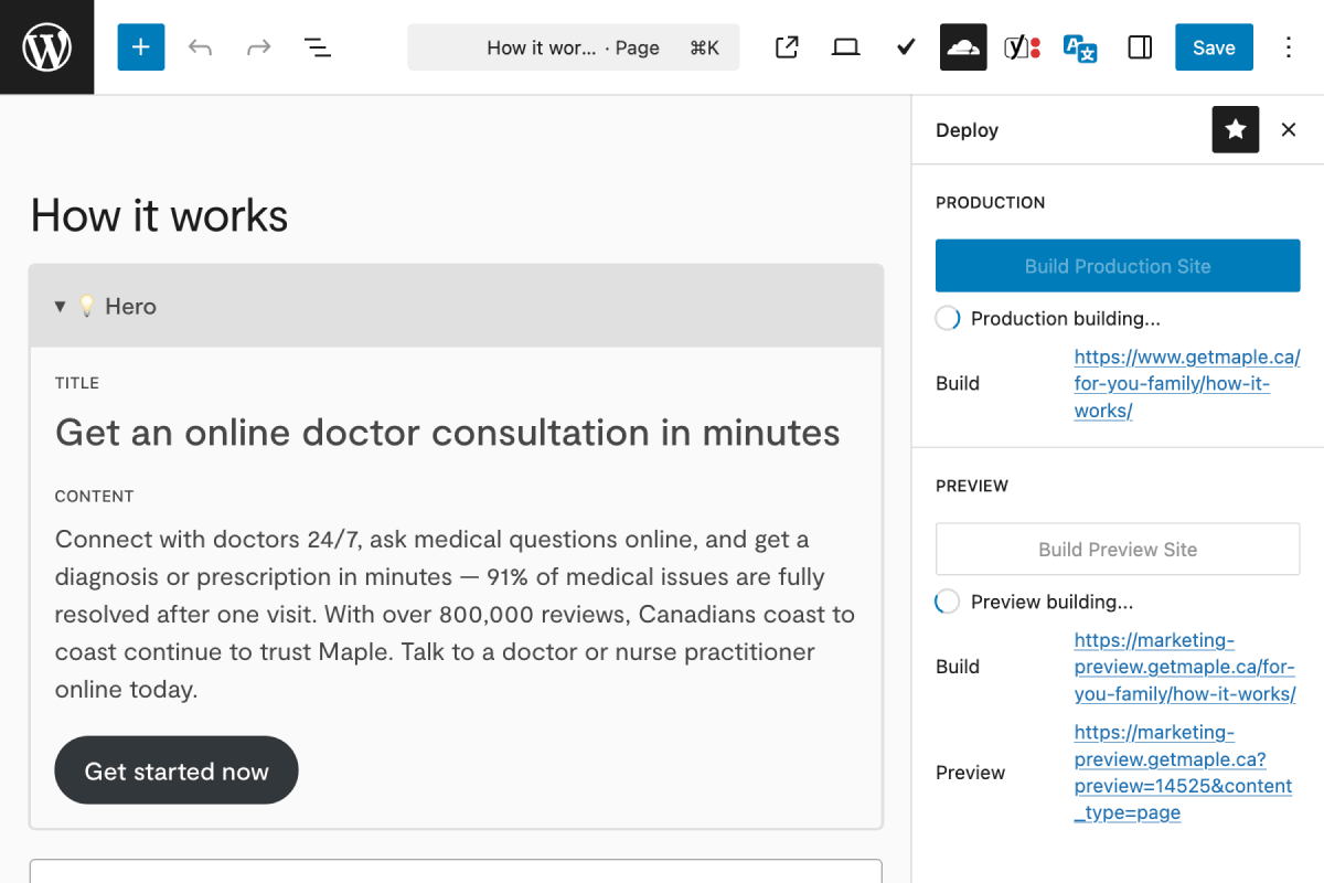 WordPress edit screen for the how it works page with the deploy panel open, split into production and preview, each with a build button, progress spinner and links to the built/live preview pages. Hero block on the left shows its title, text and button.