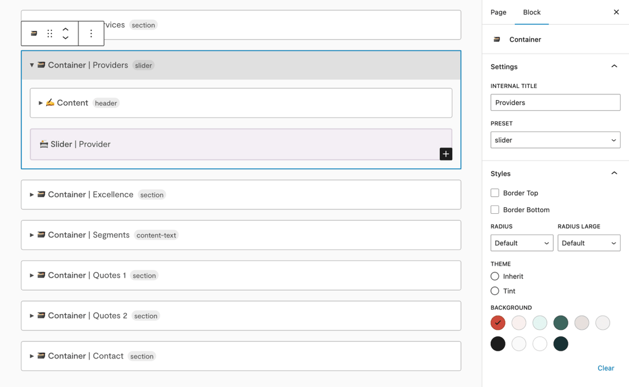 WordPress edit screen with a container block selected, holding a nested content header and provider slider pattern, with sibling containers listed below. Block panel on the right shows settings for internal title and preset and styles for border, radius, theme and background colour.