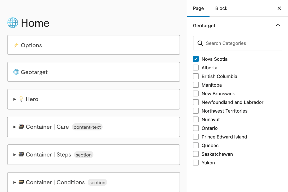 WordPress edit screen for the home page with the geotarget panel open, showing a searchable checklist of provinces and territories with Nova Scotia selected. Page blocks are listed on the left: options, geotarget, hero and containers with their presets.