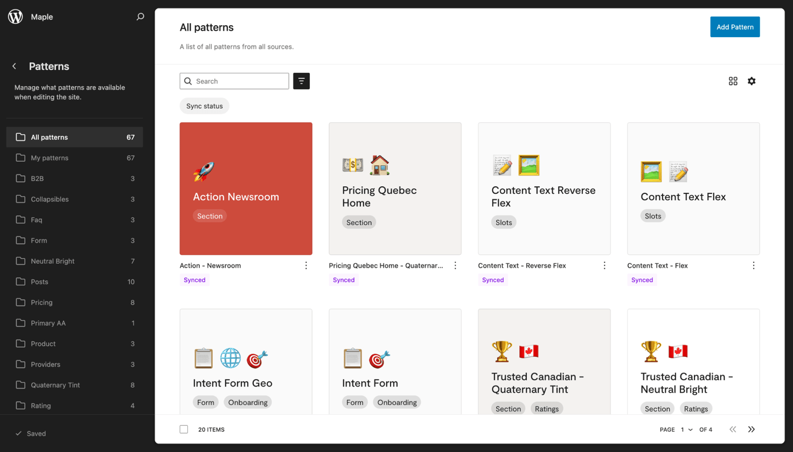 WordPress pattern library screen for the Maple site with 67 patterns across sixteen categories in the sidebar and a grid of eight synced patterns with emoji thumbnails, names and tags.