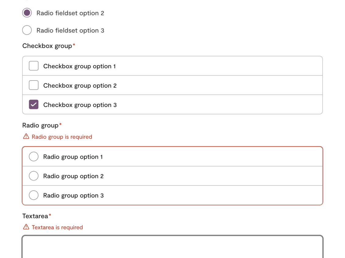Marketing design system form elements. A radio fieldset and a checkbox group with options selected and a radio group and textarea in their required error states with red warning messages and borders.