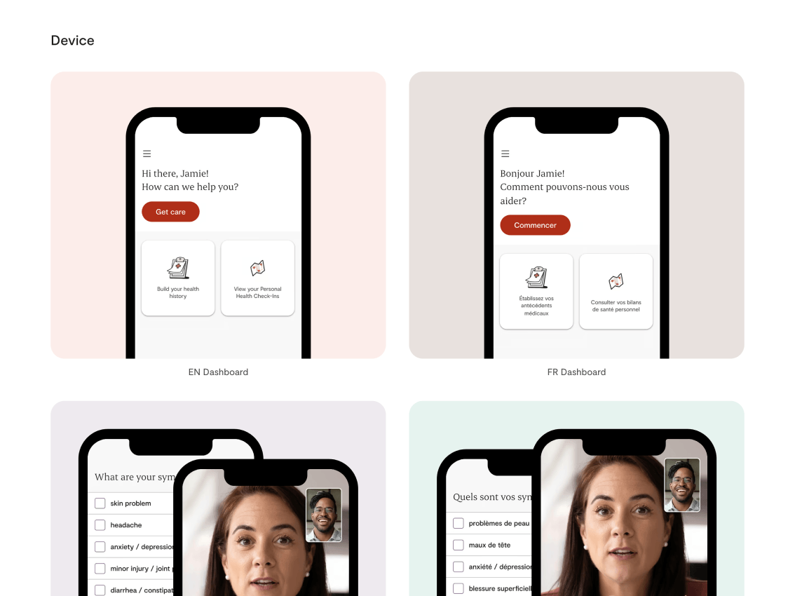 Marketing design system device variants in a two-by-two grid of tinted panels. The app dashboard on a phone in English and French and a symptom checklist phone paired with a video call phone, also in both languages.