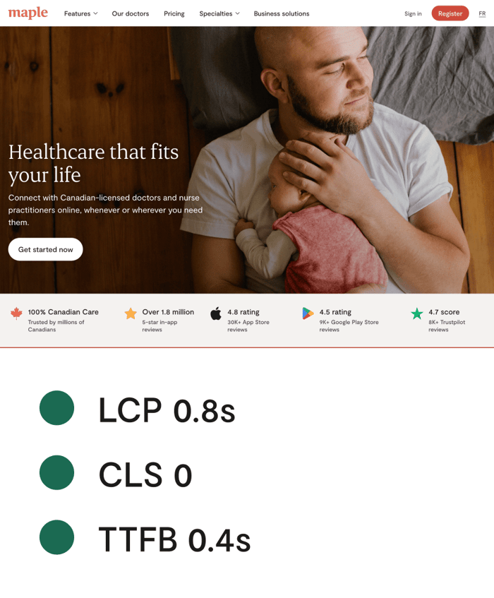 Post-migration desktop homepage with LCP 0.8s, CLS 0 and TTFB 0.4s all in green below it. Hero section titled 'Healthcare that fits your life' over a full-bleed photo of a father cradling a sleeping baby. Trust section below with number of five-star in-app reviews and scores on the App Store, Google Play and Trustpilot.