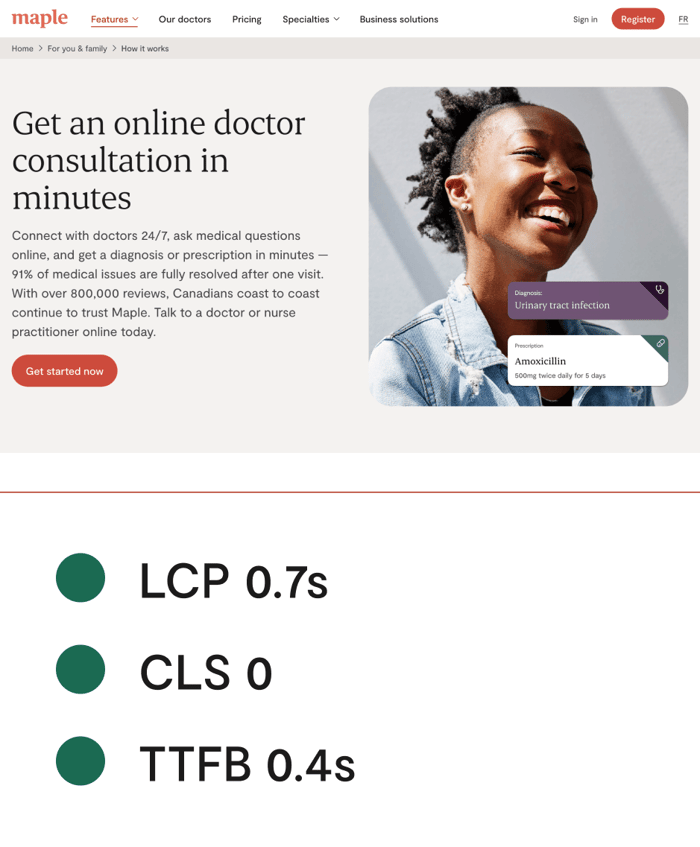 Post-migration desktop how it works features page with LCP 0.7s, CLS 0 and TTFB 0.4s all in green below it. Hero section titled 'Get an online doctor consultation in minutes' and a sign-up button, next to a photo of a smiling woman with diagnosis and prescription cards.