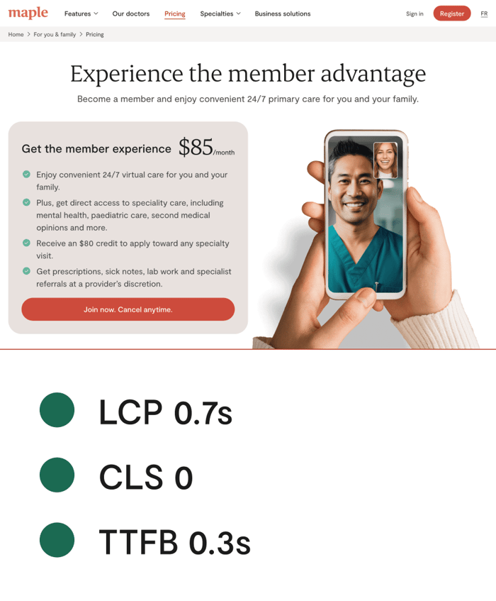 Post-migration desktop pricing page with LCP 0.7s, CLS 0 and TTFB 0.3s all in green below it. Section titled 'Experience the member advantage' with a membership card at $85 a month listing four benefits and a join button, next to a photo of a hand holding a phone on a video call with a doctor.