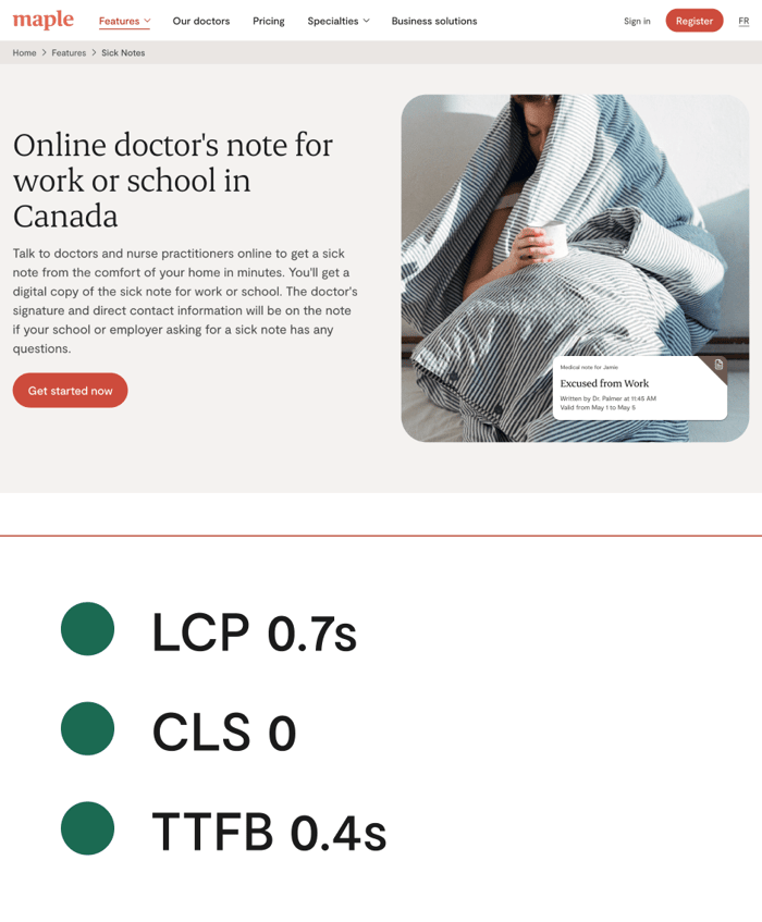 Post-migration desktop sick notes features page with LCP 0.7s, CLS 0 and TTFB 0.4s all in green below it. Hero section titled 'Online doctor's note for work or school in Canada' and a sign-up button, next to a photo of a person wrapped in a blanket with a medical note card excusing them from work.