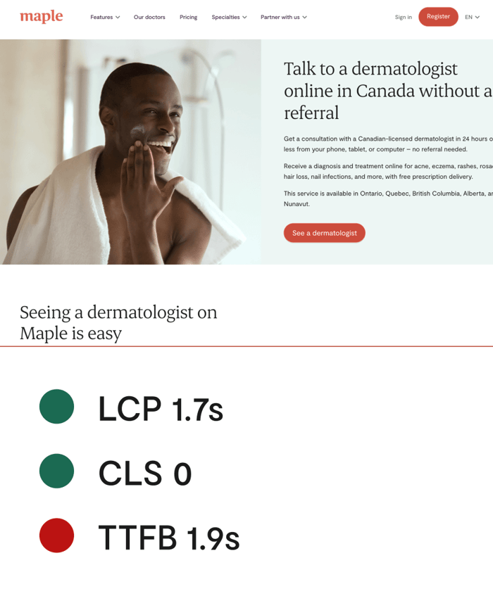 Pre-migration desktop dermatologists specialties page with LCP 1.7s in green, CLS 0 in green and TTFB 1.9s in red below it. Hero section titled 'Talk to a dermatologist online in Canada without a referral' and a 'See a dermatologist' button, next to a photo of a smiling man applying cream to his face. Section below titled 'Seeing a dermatologist on Maple is easy'.