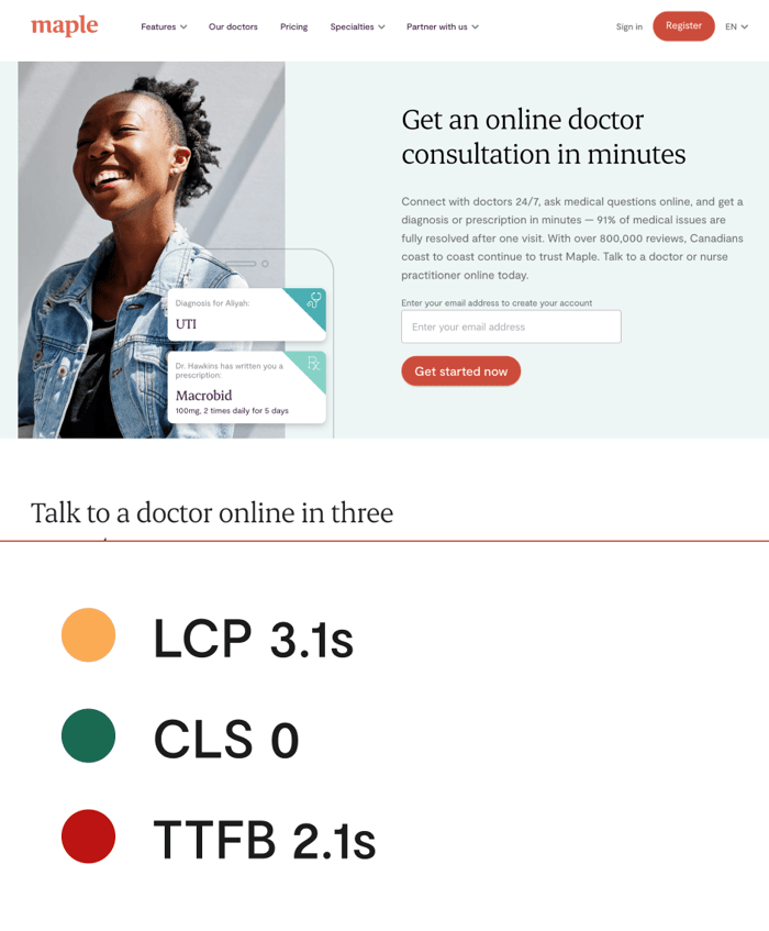 Pre-migration desktop how it works features page with LCP 3.1s in yellow, CLS 0 in green and TTFB 2.1s in red below it. Hero section titled 'Get an online doctor consultation in minutes' and an email sign-up form, next to a photo of a smiling woman with diagnosis and prescription cards. Section below titled 'Talk to a doctor online in three easy steps'.
