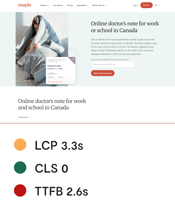 Pre-migration desktop sick notes features page with LCP 3.3s in yellow, CLS 0 in green and TTFB 2.6s in red below it. Hero section titled 'Online doctor's note for work or school in Canada' and an email sign-up form, next to a photo of a person wrapped in a blanket with a doctor's note card. Section below repeats the same title.