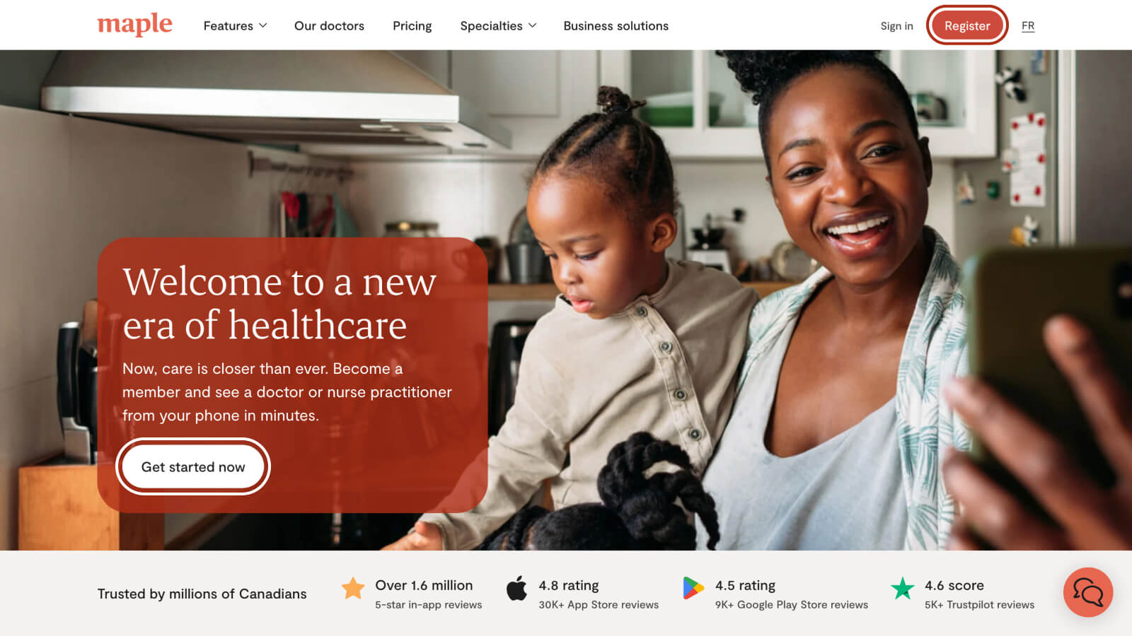 Top of desktop homepage with main buttons leading to registration outlined.