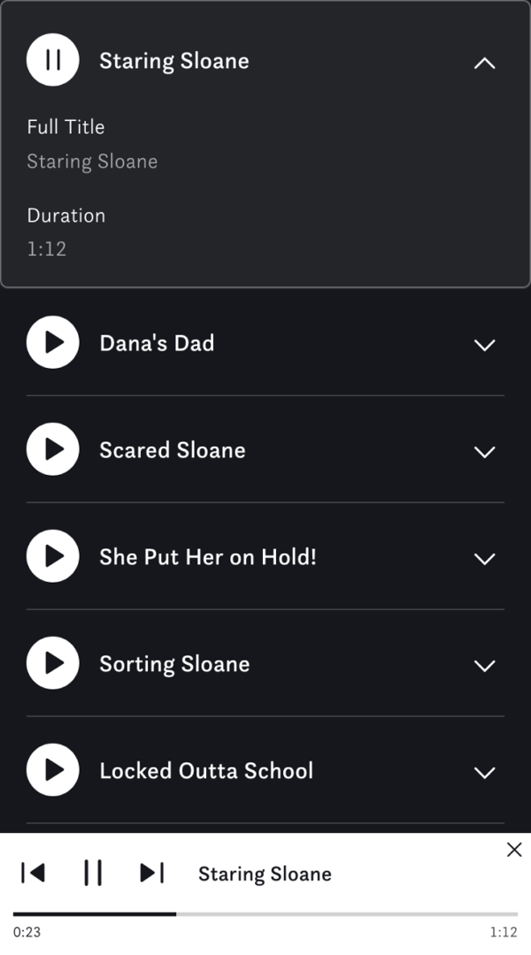 Mobile track list with the playing track, 'Staring Sloane', expanded to show its full title and duration, other tracks are collapsed below. A white audio player is fixed to the bottom of the screen with previous, pause and next buttons and a progress bar.