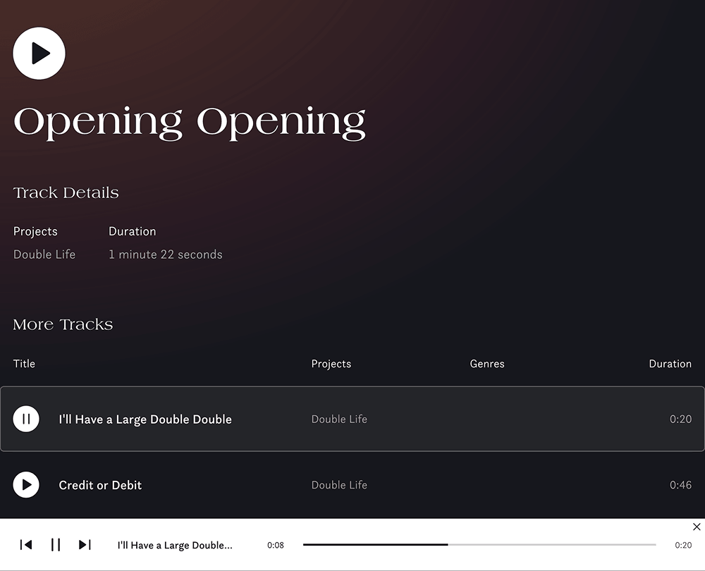 Desktop track page for 'Opening Opening' with a large play button, title and table of more tracks. The playing track is highlighted with a pause button. A white audio player fixed to the bottom shows previous, pause and next buttons, the track title and a progress bar.