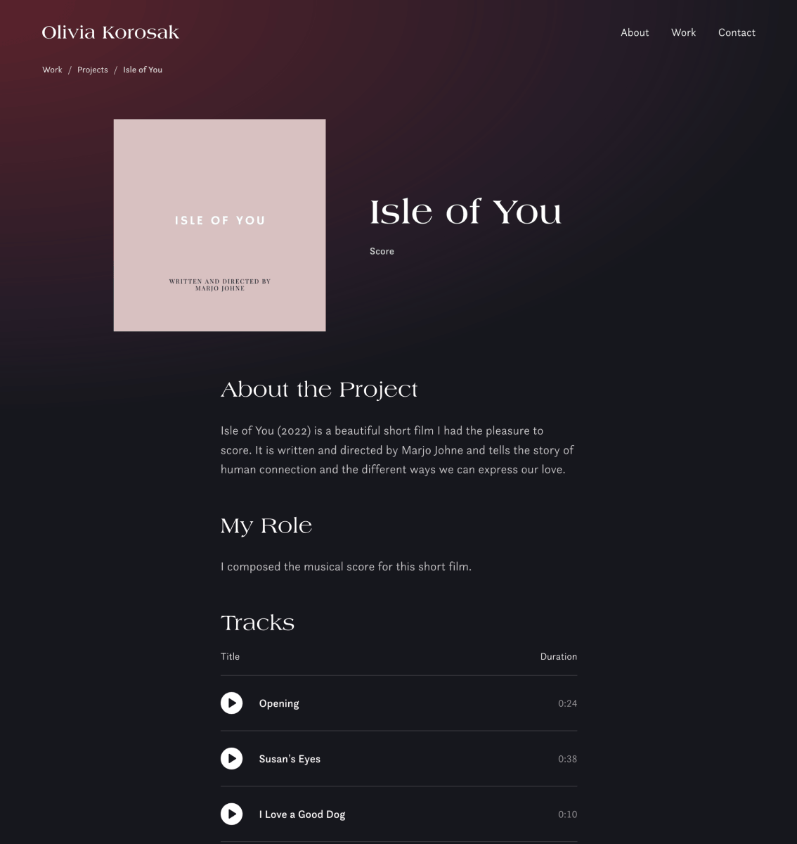 Desktop project page for 'Isle of You', with breadcrumbs, a pink cover image beside the title and a 'Score' label on a dark red gradient. Below, 'About the Project' and 'My Role' sections, then a list of the project's tracks.