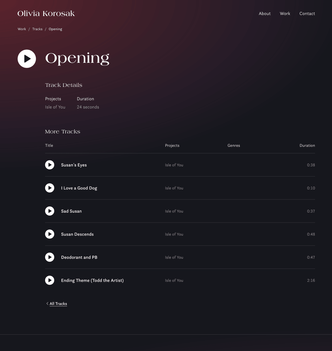 Desktop track page for 'Opening', with breadcrumbs and a large play button beside the title. Below, track details listing the project: 'Isle of You', and duration, then a table of more tracks from the same project and an 'All Tracks' link.