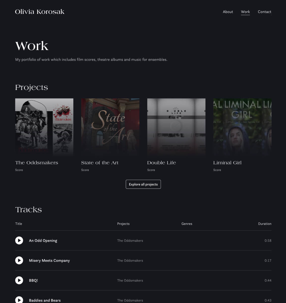 Desktop work page with links for 'About', 'Work' and 'Contact'. Under 'Projects', a row of four project cards with thumbnails and titles, then an 'Explore all projects' button. Under 'Tracks', a table of tracks with play buttons and columns for title, project, genre and duration.