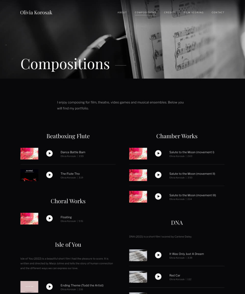 Top of the old desktop work page. Hero titled 'Compositions' and header links for 'About', 'Compositions', 'Credits', 'Film Scoring' and 'Contact'. Below, a short intro and two columns of project headings: 'Beatboxing Flute', 'Chamber Works' and 'Isle of You', each followed by a list of tracks with a thumbnail, play button, title and duration.
