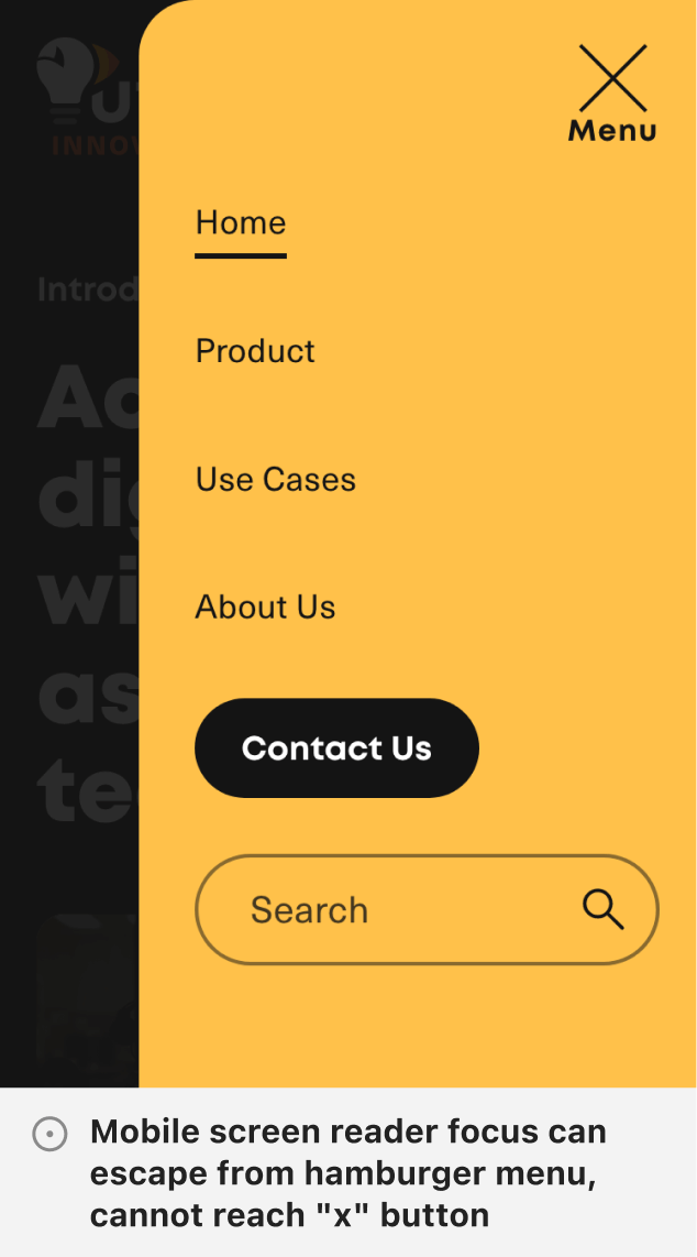 Mobile screen reader focus can escape from hamburger menu, cannot reach 'x' button