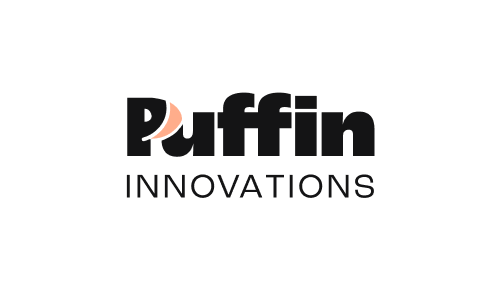 First logo exploration. 'Puffin' in black extra bold grotesk font. Top part of 'P' is split to mimic Puffin eye and orange beak. 'Innovations' in small thin black uppercase text below.