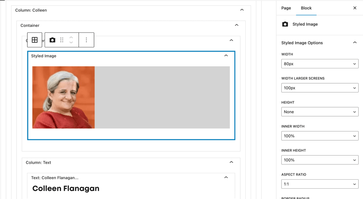 WordPress backend for list of board members - Gutenberg block editor shows custom Styled Image block selected (nested within other custom blocks) with image of board member and options panel to the right (width, height, aspect ratio).