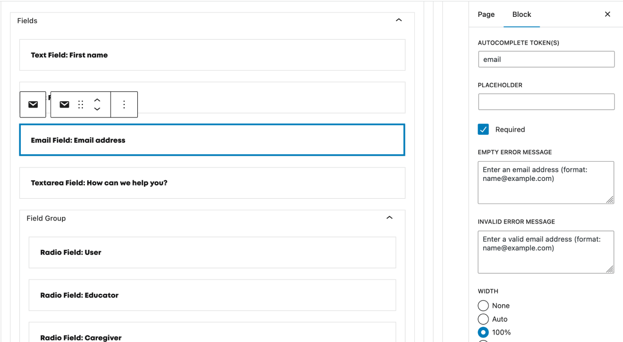 WordPress backend for contact form - Gutenberg block editor shows email address field within custom Contact Form block selected with options panel to the right (autocomplete tokens, error messages, width).